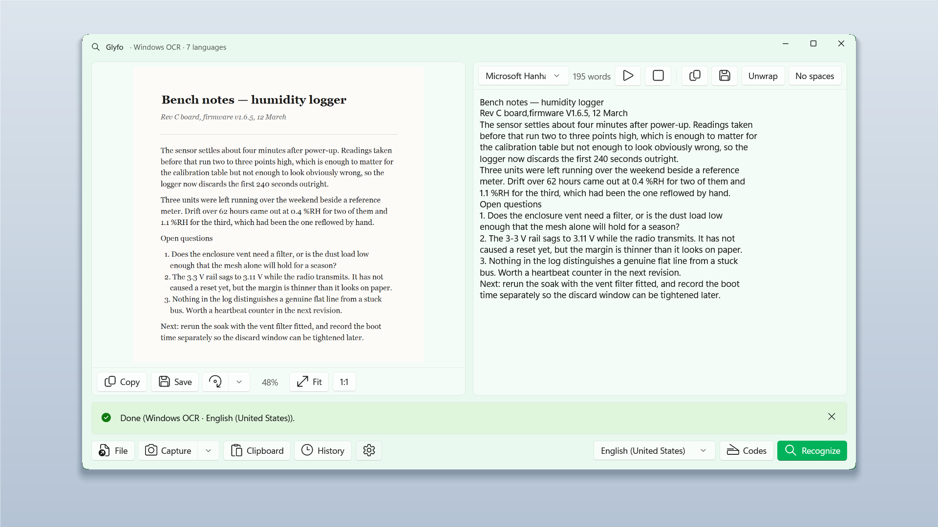 Glyfo showing a captured page on the left and the recognised text beside it.