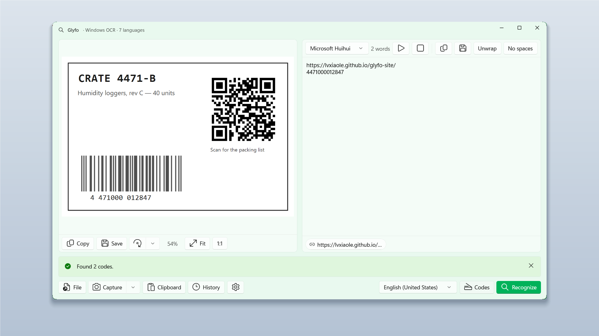 A QR code decoded next to the recognised text.