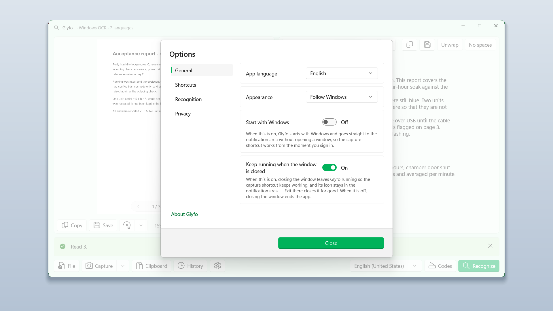 Glyfo's settings, including interface language and startup behaviour.