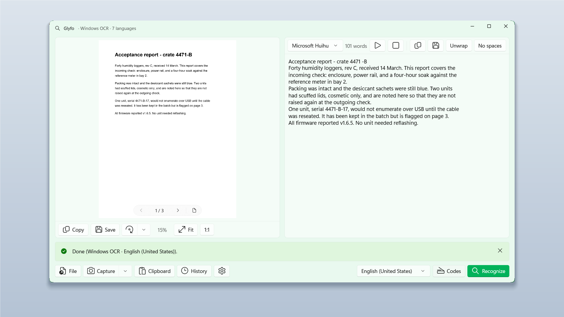 A PDF open in Glyfo, one page recognised, with arrows to move through the document.